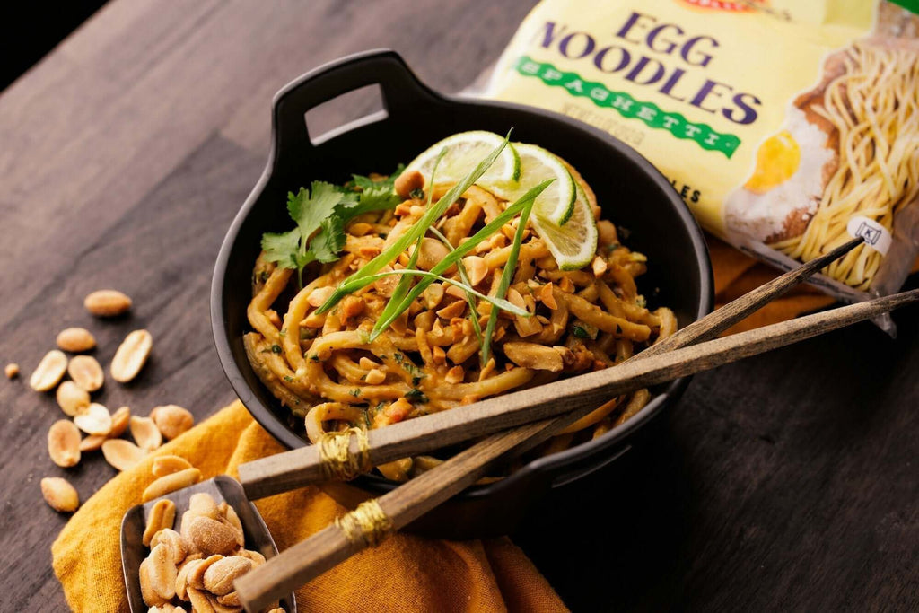 Egg Noodles with Zesty Peanut Sauce – Grandma's Frozen Noodles