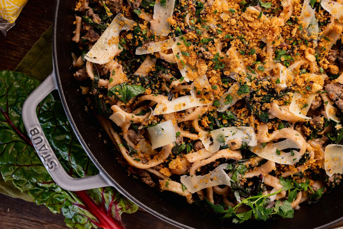 Venison and Spring Greens Egg Noodle Skillet