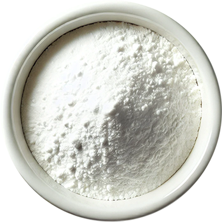 Small mound of corn starch in white ceramic bowl. 