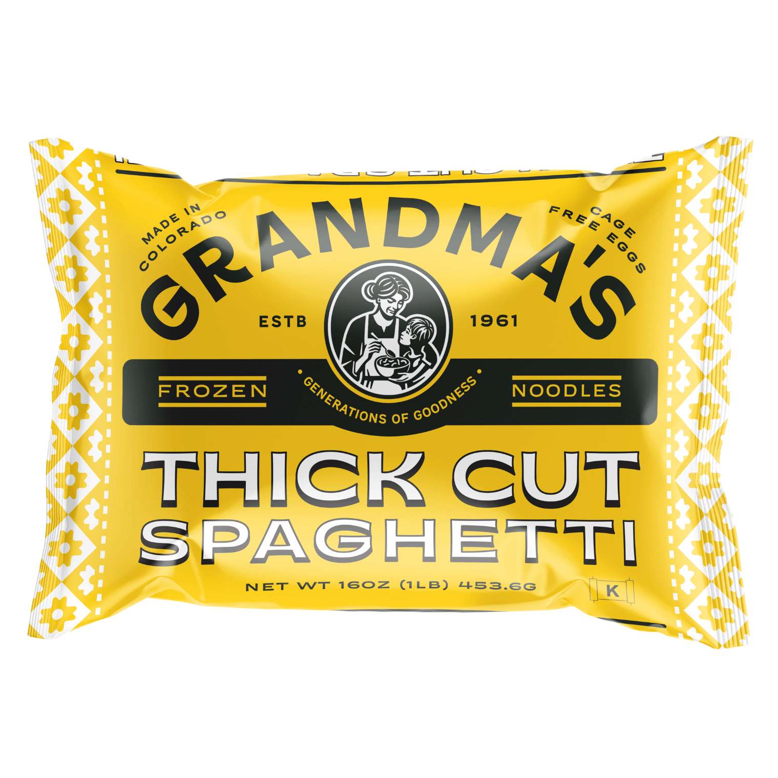 Grandma's Frozen Noodles thick cut spaghetti 16oz packaging. 