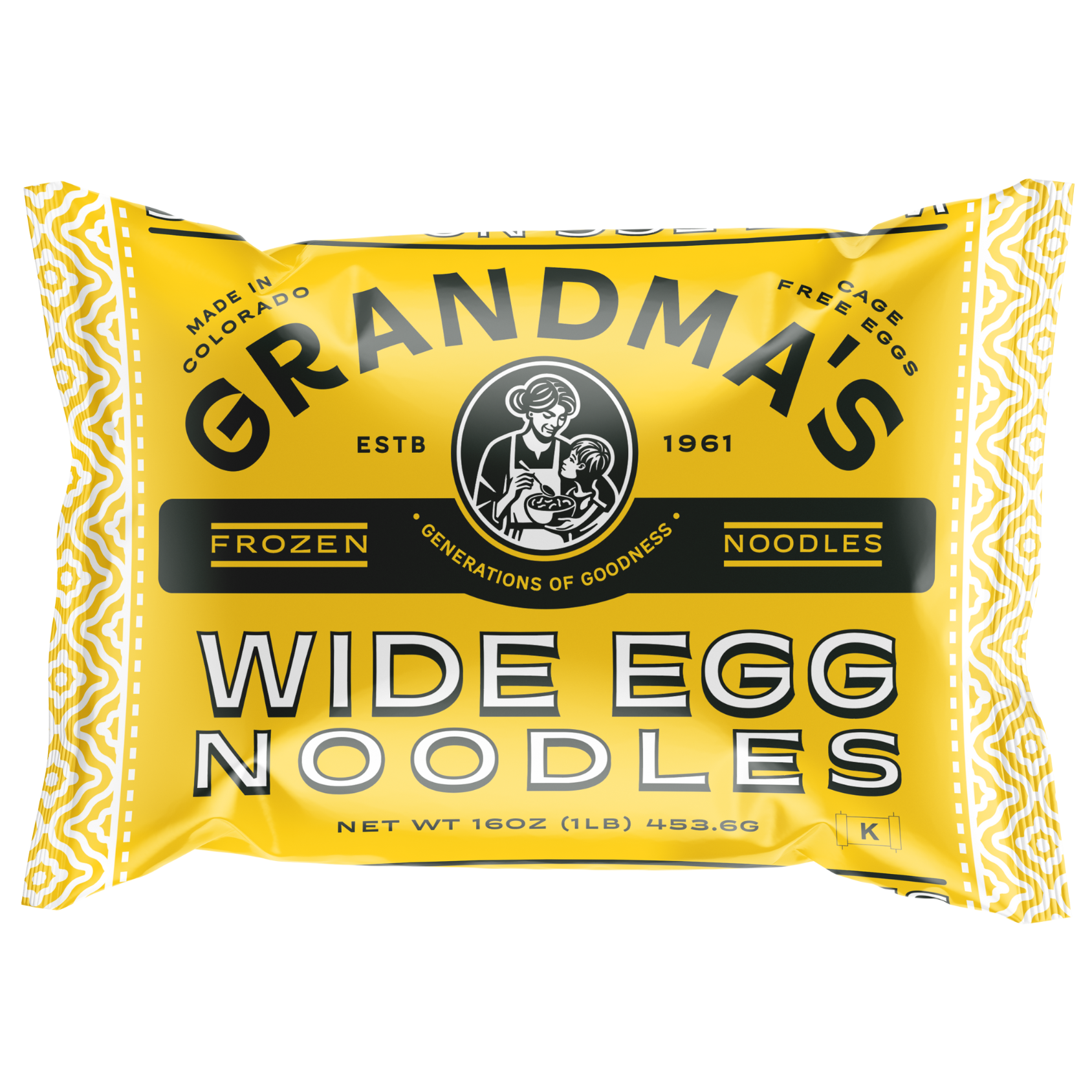 Front of Grandma's frozen noodles wide egg noodles packaging. 